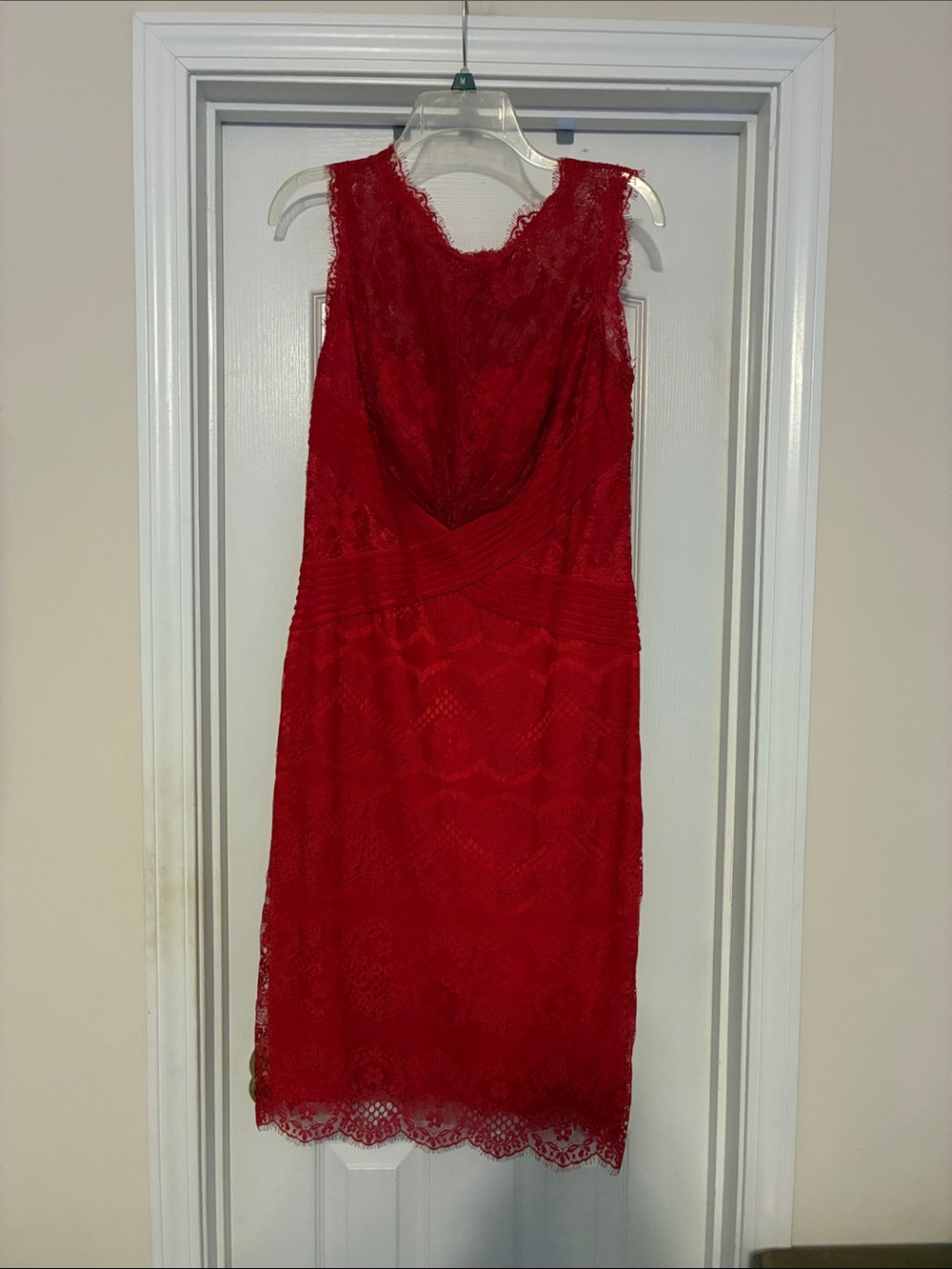 Tadashi Shoji Red Lace Midi Dress with Scalloped Hem size 10